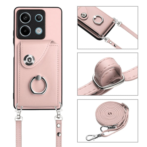 For Xiaomi Redmi Note 13 5G Global Organ Card Bag Ring Holder Phone Case with Long Lanyard(Pink)