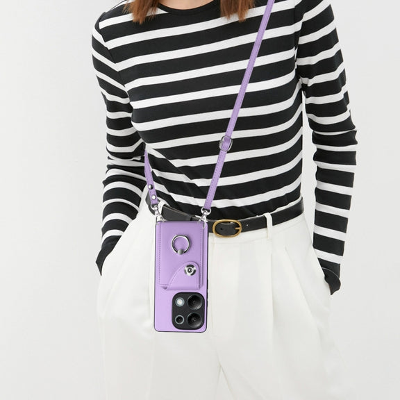 For Xiaomi Redmi Note 13 Pro 4G Global Organ Card Bag Ring Holder Phone Case with Long Lanyard(Purple)