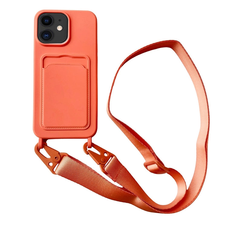 For iPhone 11 Card Slot Liquid Silicone Phone Case with Lanyard(Orange)