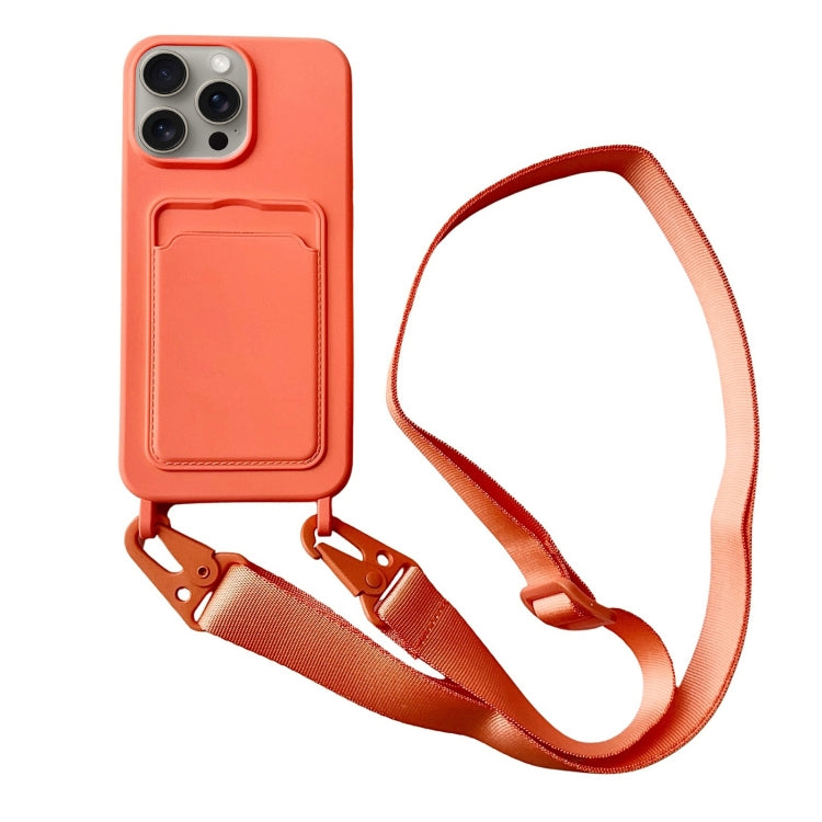 For iPhone 16 Pro Max Card Slot Liquid Silicone Phone Case with Lanyard(Orange)