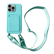 For iPhone 16 Pro Card Slot Liquid Silicone Phone Case with Lanyard(Mint Green)