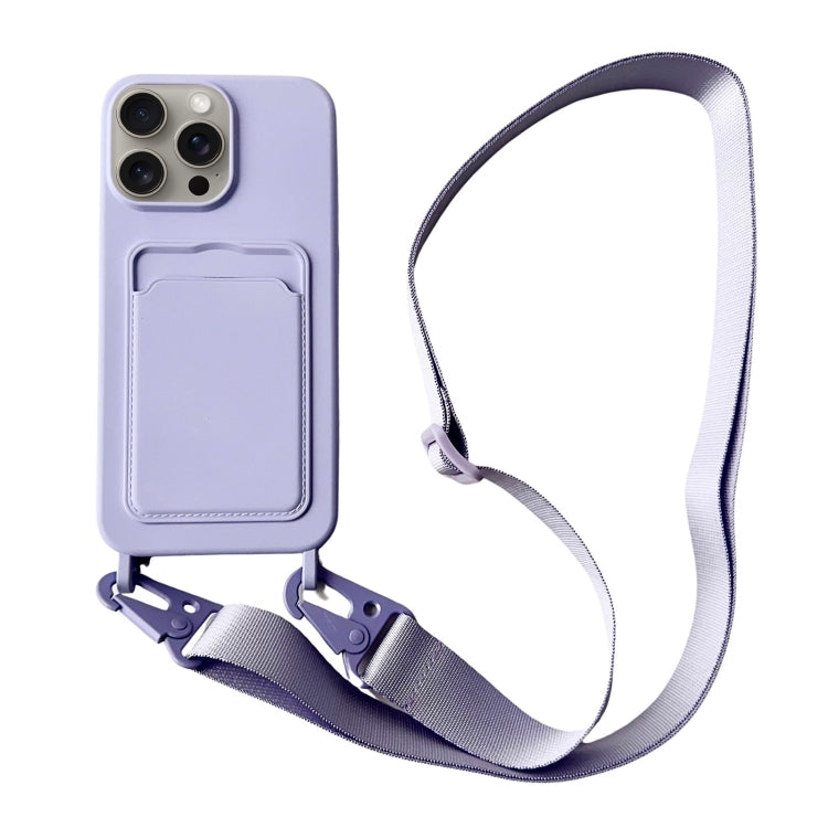 For iPhone 16 Pro Card Slot Liquid Silicone Phone Case with Lanyard(Light Purple)
