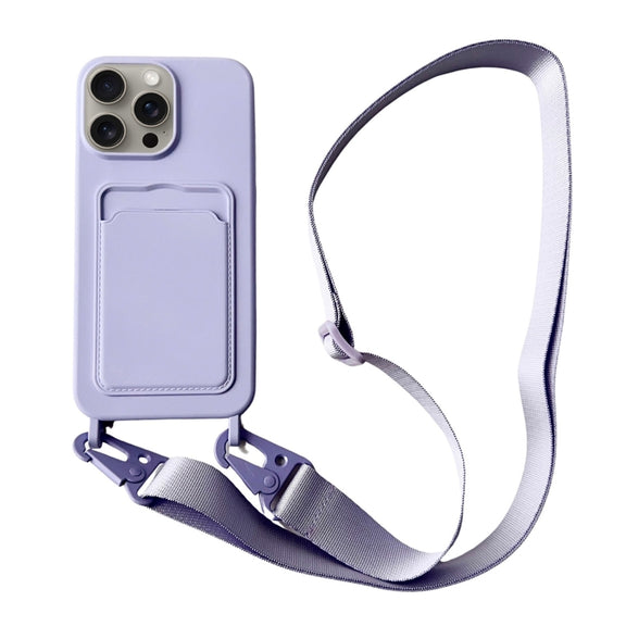 For iPhone 16 Pro Card Slot Liquid Silicone Phone Case with Lanyard(Light Purple)