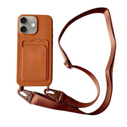 For iPhone 16 Plus Card Slot Liquid Silicone Phone Case with Lanyard(Brown)