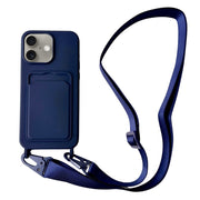 For iPhone 16 Plus Card Slot Liquid Silicone Phone Case with Lanyard(Dark Blue)