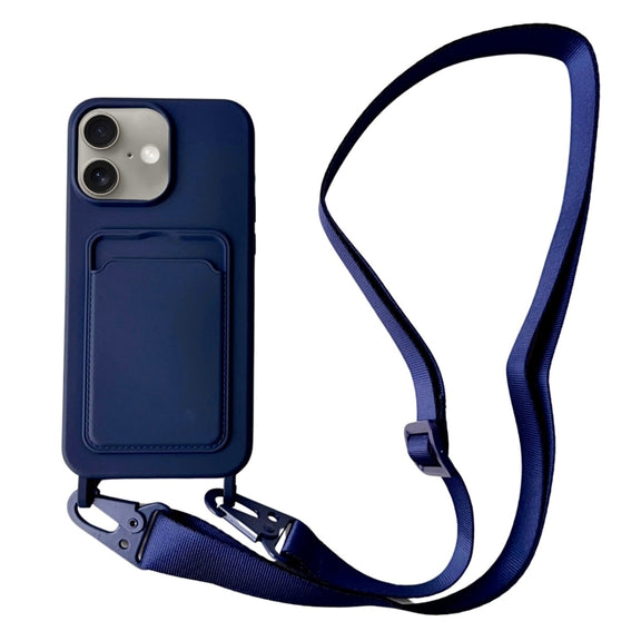 For iPhone 16 Card Slot Liquid Silicone Phone Case with Lanyard(Dark Blue)