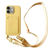 For iPhone 16 Card Slot Liquid Silicone Phone Case with Lanyard(Yellow)