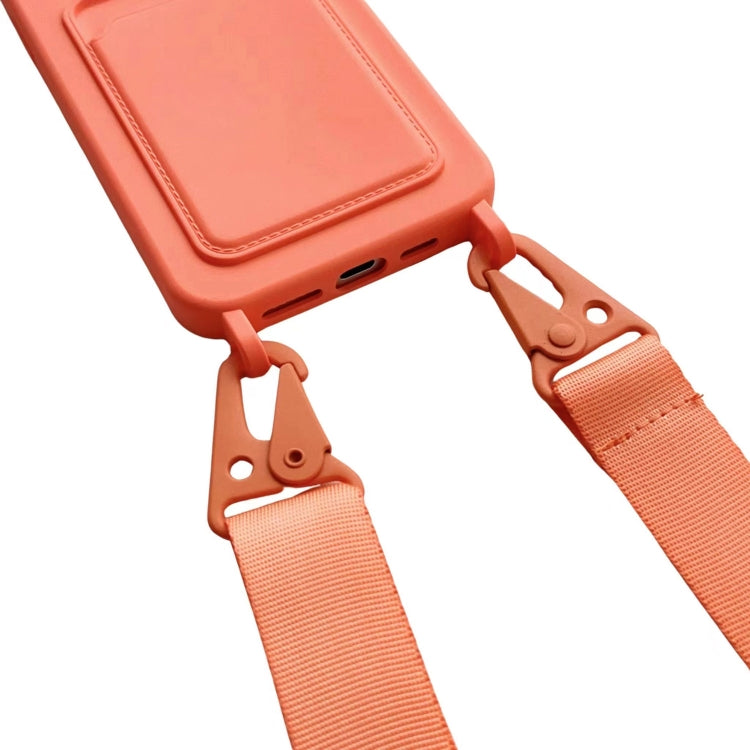 For iPhone 16 Plus Card Slot Liquid Silicone Phone Case with Lanyard(Orange)