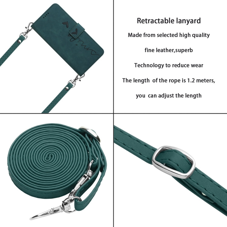 For Realme 12 5G Skin Feel Heart Embossed Leather Phone Case with Long Lanyard(Green)
