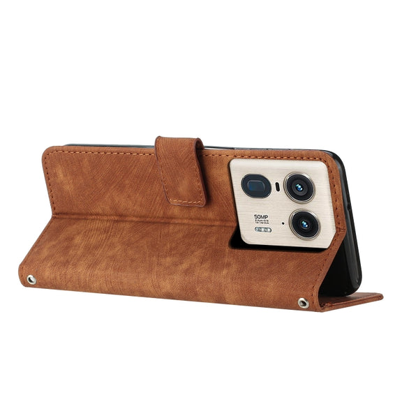 For Motorola Edge 50 Ultra Skin Feel Stripe Pattern Leather Phone Case with Long Lanyard(Brown)