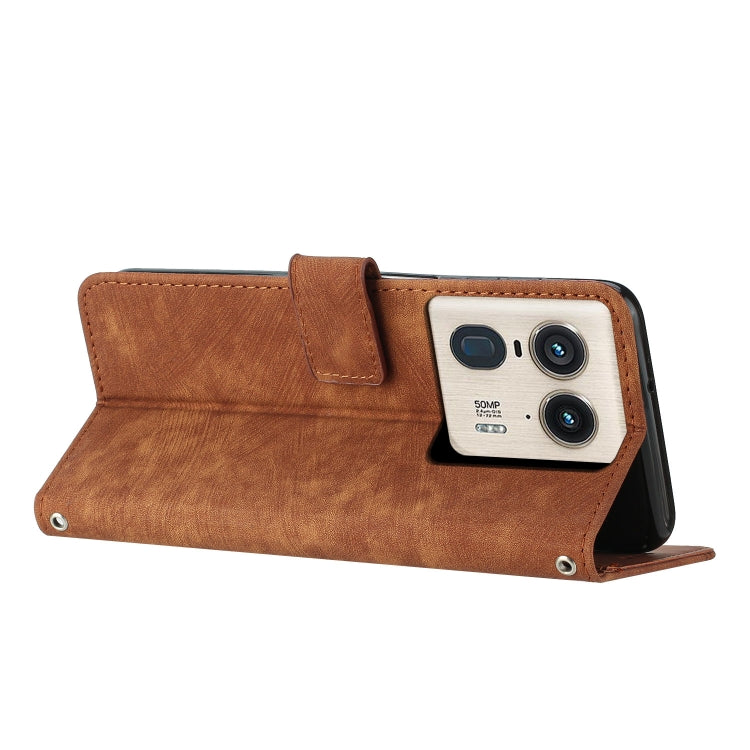 For Motorola Edge 50 Ultra Skin Feel Stripe Pattern Leather Phone Case with Long Lanyard(Brown)