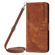For Motorola Edge 2024 Skin Feel Stripe Pattern Leather Phone Case with Long Lanyard(Brown)