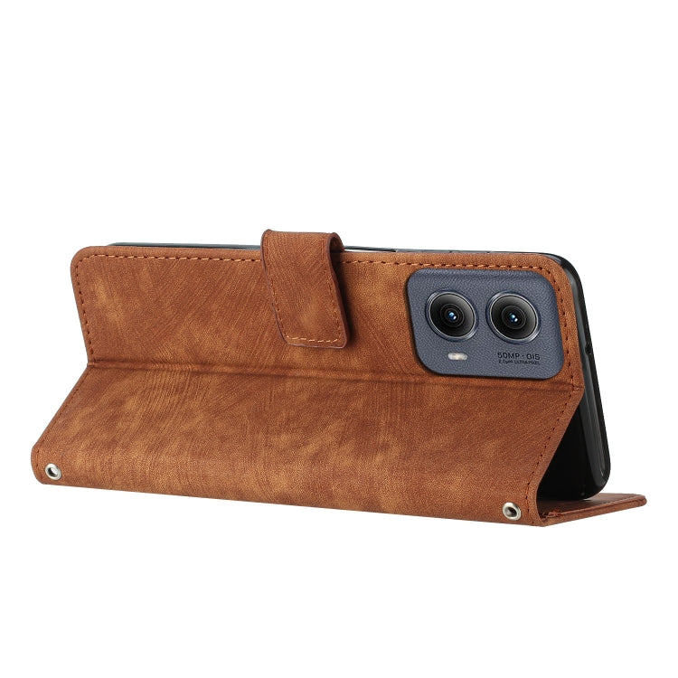 For Motorola Edge 2024 Skin Feel Stripe Pattern Leather Phone Case with Long Lanyard(Brown)