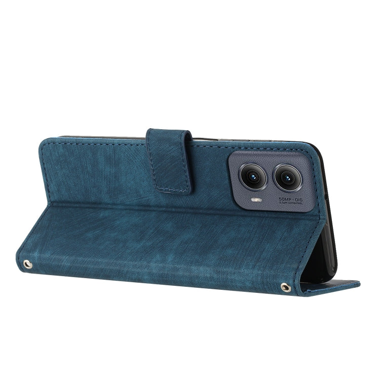 For Motorola Edge 2024 Skin Feel Stripe Pattern Leather Phone Case with Long Lanyard(Blue)