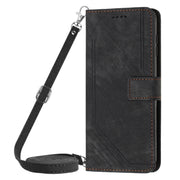 For Motorola Edge 2024 Skin Feel Stripe Pattern Leather Phone Case with Long Lanyard(Black)