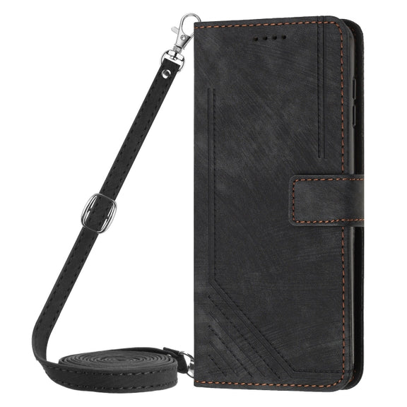 For Motorola Edge 2024 Skin Feel Stripe Pattern Leather Phone Case with Long Lanyard(Black)