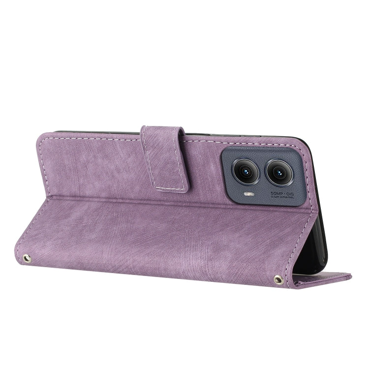 For Motorola Edge 2024 Skin Feel Stripe Pattern Leather Phone Case with Long Lanyard(Purple)