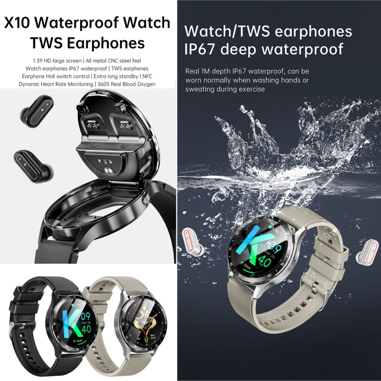 X10 Headphones Smart Watch 1.39 inch Water-resistant Bracelet, Support Bluetooth Call / NFC / Heart Rate(Black + Siliver)