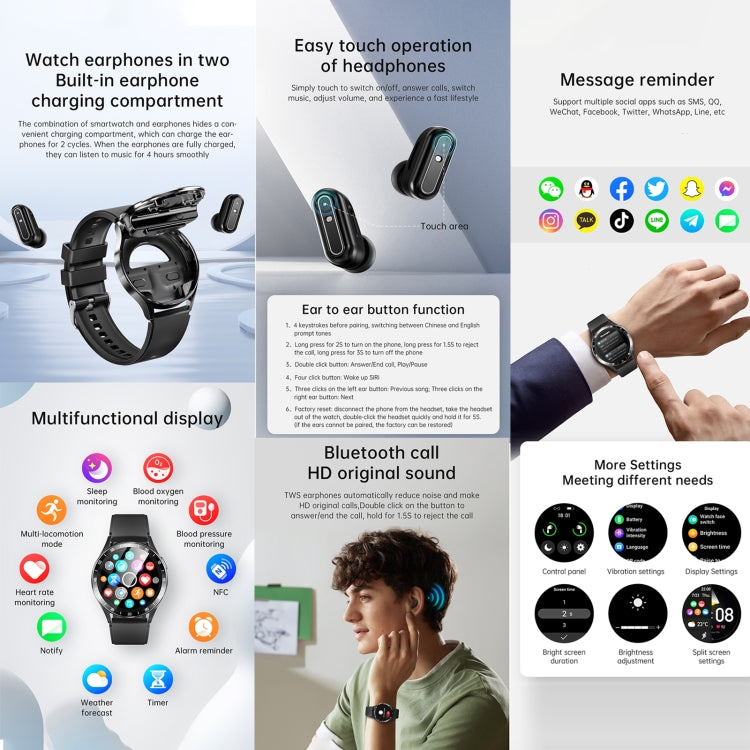 X10 Headphones Smart Watch 1.39 inch Water-resistant Bracelet, Support Bluetooth Call / NFC / Heart Rate(Black + Siliver)