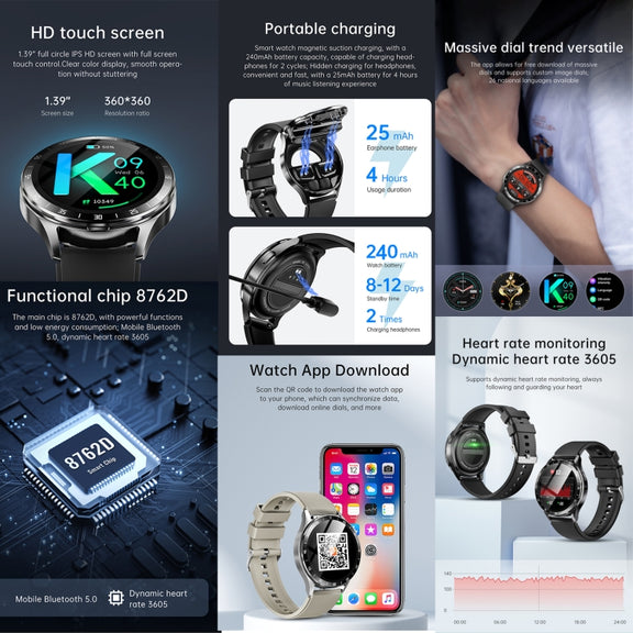 X10 Headphones Smart Watch 1.39 inch Water-resistant Bracelet, Support Bluetooth Call / NFC / Heart Rate(Black + Leather)