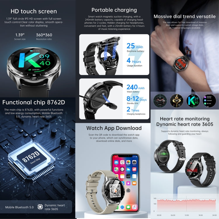 X10 Headphones Smart Watch 1.39 inch Water-resistant Bracelet, Support Bluetooth Call / NFC / Heart Rate(Black + Siliver)