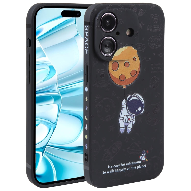 For iPhone 16 Astronaut Pattern Silicone Straight Edge Phone Case(Planet Landing-Black)