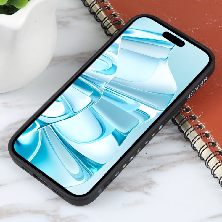 For iPhone 16 Astronaut Pattern Silicone Straight Edge Phone Case(Planet Landing-Black)
