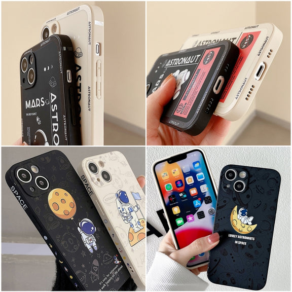 For iPhone 16 Plus Astronaut Pattern Silicone Straight Edge Phone Case(Planet Landing-Black)