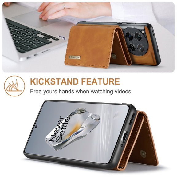 For OnePlus 12 DG.MING M1 Series 3-Fold Multi Card Wallet + Magnetic Phone Case(Brown)
