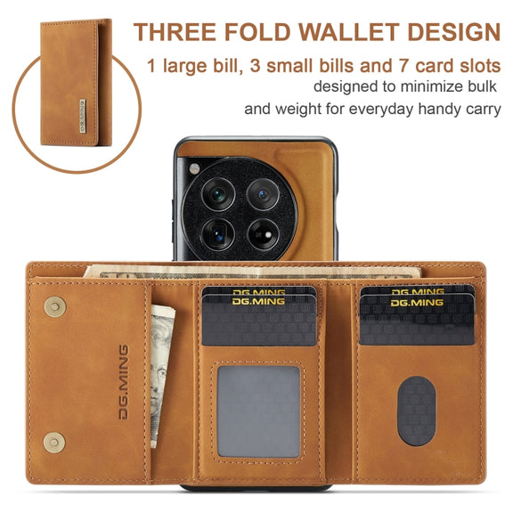 For OnePlus 12 DG.MING M1 Series 3-Fold Multi Card Wallet + Magnetic Phone Case(Brown)