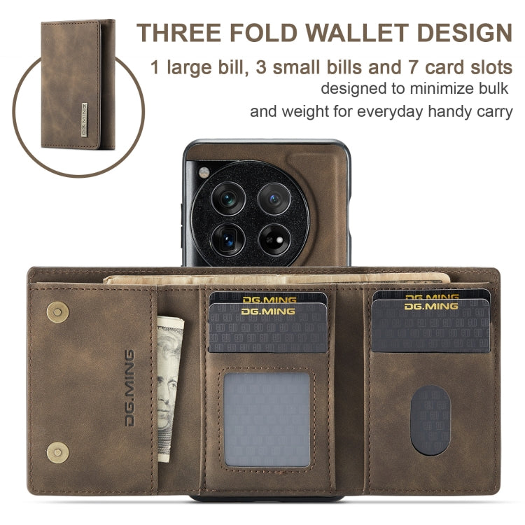 For OnePlus 12 DG.MING M1 Series 3-Fold Multi Card Wallet + Magnetic Phone Case(Coffee)