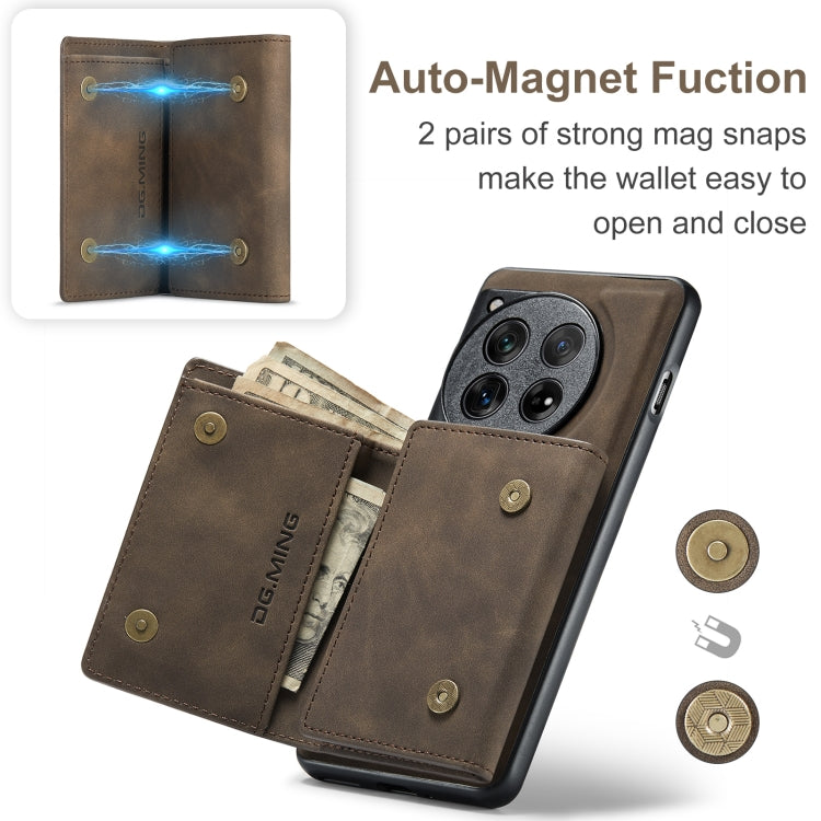 For OnePlus 12 DG.MING M1 Series 3-Fold Multi Card Wallet + Magnetic Phone Case(Coffee)