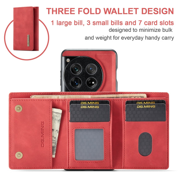 For OnePlus 12 DG.MING M1 Series 3-Fold Multi Card Wallet + Magnetic Phone Case(Red)