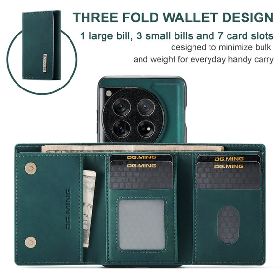 For OnePlus 12 DG.MING M1 Series 3-Fold Multi Card Wallet + Magnetic Phone Case(Green)