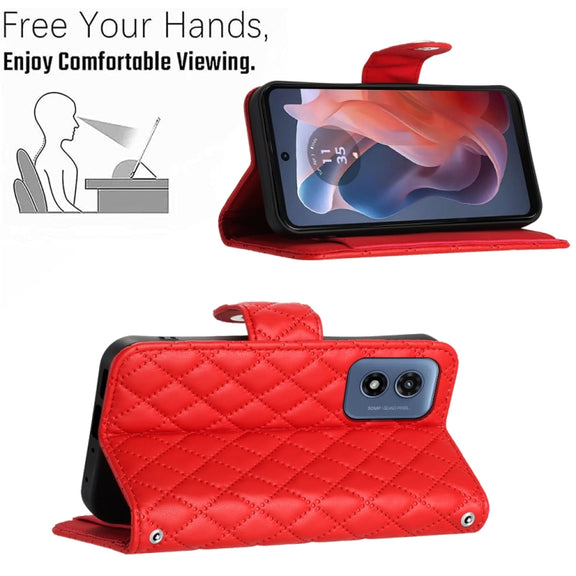 For Motorola Moto G Play 4G 2024 Rhombic Texture Flip Leather Phone Case with Long Lanyard(Red)