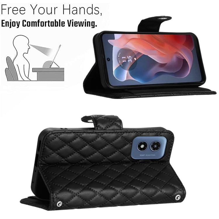 For Motorola Moto G Play 4G 2024 Rhombic Texture Flip Leather Phone Case with Long Lanyard(Black)
