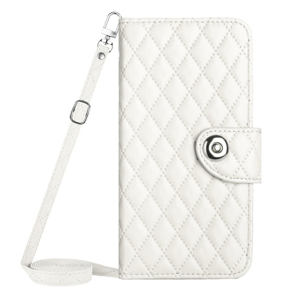 For Motorola Moto G Power 5G 2024 Rhombic Texture Flip Leather Phone Case with Long Lanyard(White)