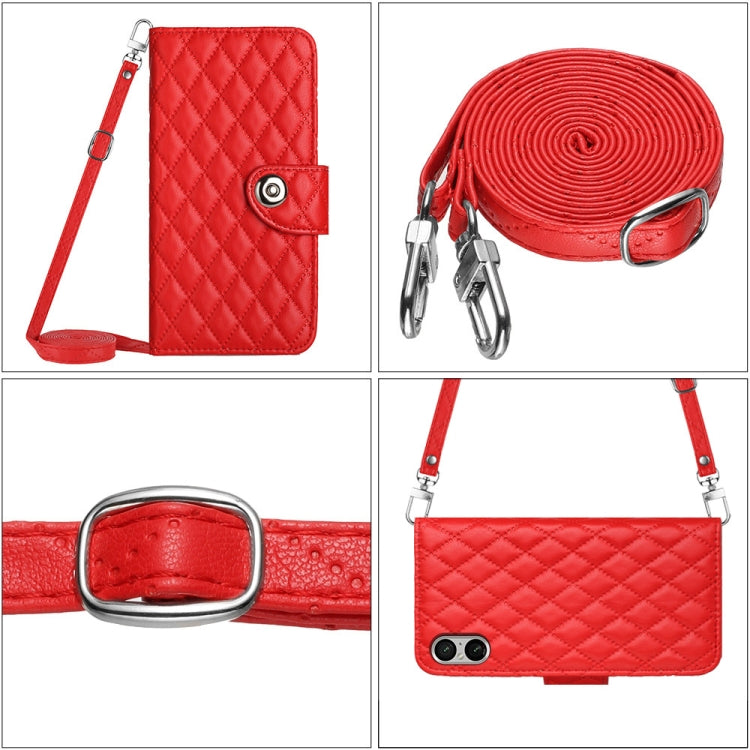 For Sony Xperia 5 V Rhombic Texture Flip Leather Phone Case with Long Lanyard(Red)