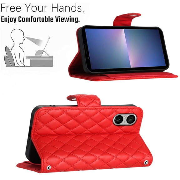 For Sony Xperia 5 V Rhombic Texture Flip Leather Phone Case with Long Lanyard(Red)