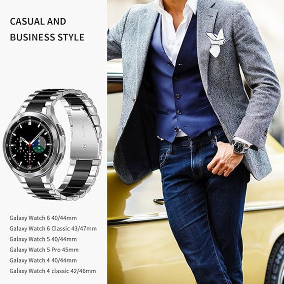 For Samsung Galaxy Watch 6 / 5 / 4 Three Bead Stainless Steel Metal Watch Band(Silver Black)