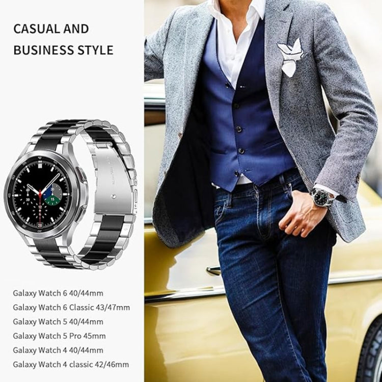 For Samsung Galaxy Watch 6 / 5 / 4 Three Bead Stainless Steel Metal Watch Band(Silver Black)