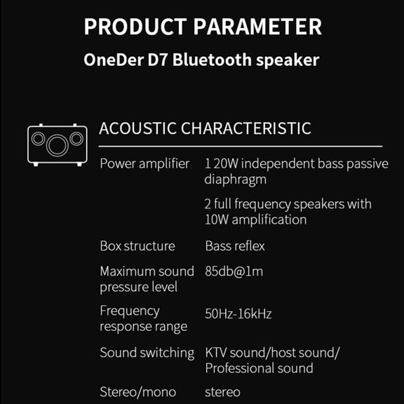 Oneder D7 Bluetooth Speaker Outdoor Karaoke Wireless Speakers With Two Mic(Black)