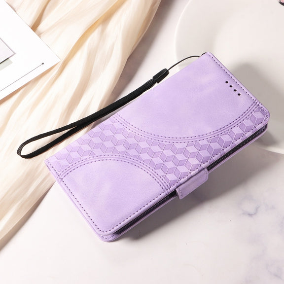 For iPhone 16 Embossed Rhombus Starry Leather Phone Case(Purple)