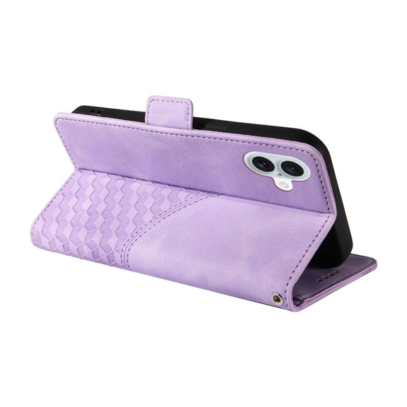 For iPhone 16 Embossed Rhombus Starry Leather Phone Case(Purple)