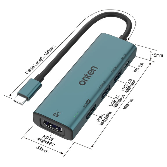 Onten UC126 5 in 1 USB-C / Type-C to Dual HDM I+ USB2.0 + PD3.0 Multi-function HUB Docking Station
