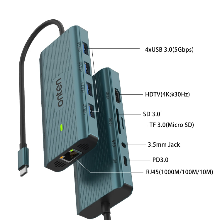 Onten UC962 10 in 1 USB-C / Type-C Multi-function HUB Docking Station(Green)