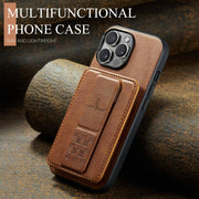 For iPhone 15 Pro Max Fierre Shann Oil Wax Cow Leather Card Holder Back Phone Case(Brown)