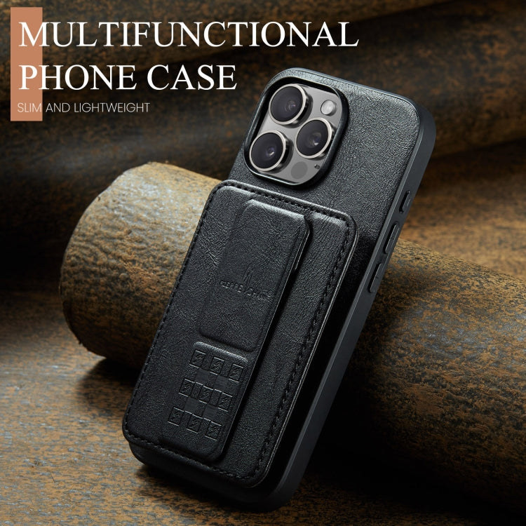 For iPhone 16 Pro Max Fierre Shann Oil Wax Cow Leather Card Holder Back Phone Case(Black)