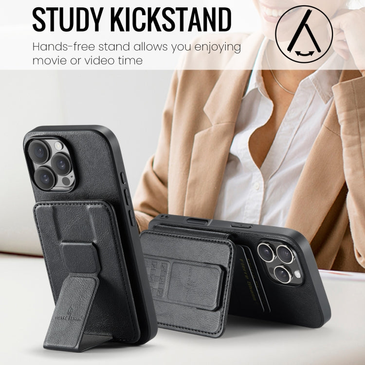 For iPhone 16 Pro Max Fierre Shann Oil Wax Cow Leather Card Holder Back Phone Case(Black)