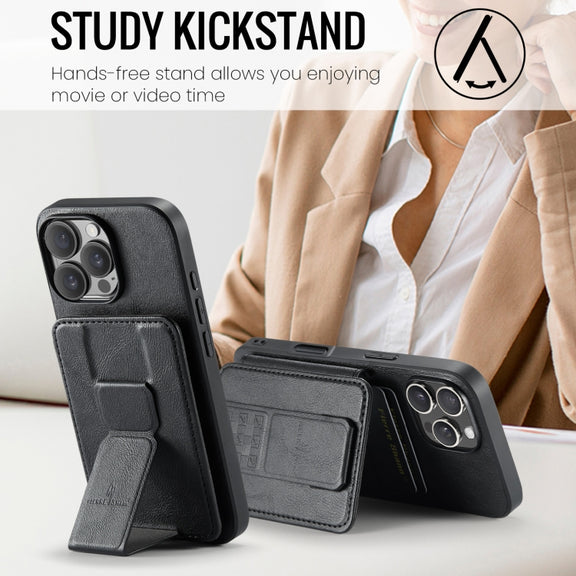 For iPhone 16 Pro Max Fierre Shann Oil Wax Cow Leather Card Holder Back Phone Case(Black)